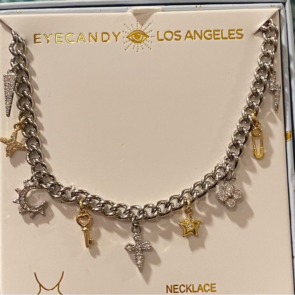 Eye Candy Los Angeles Silver Chain Necklace Hold Charms Star Cross Moon Lock NWT - Picture 4 of 6